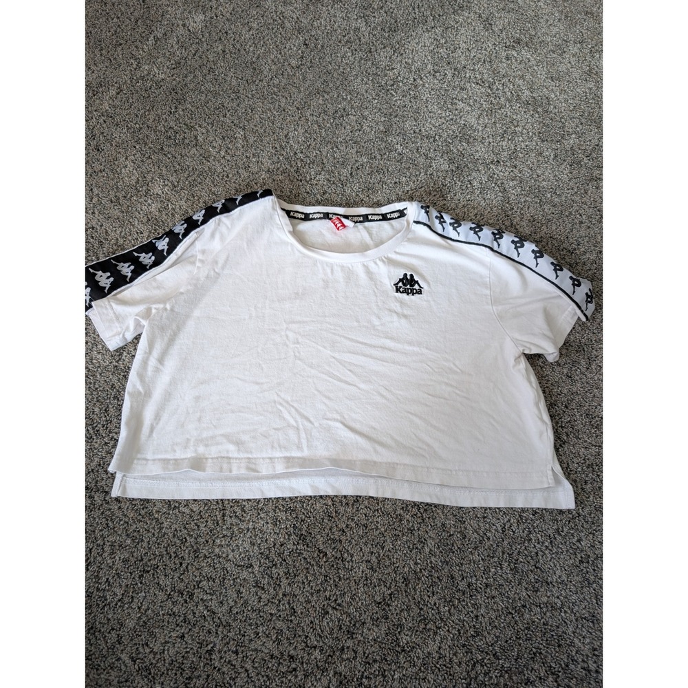 Kappa Womens White Logo Tape Crop Top Short Sleeve Crew Neck T-Shirt Medium